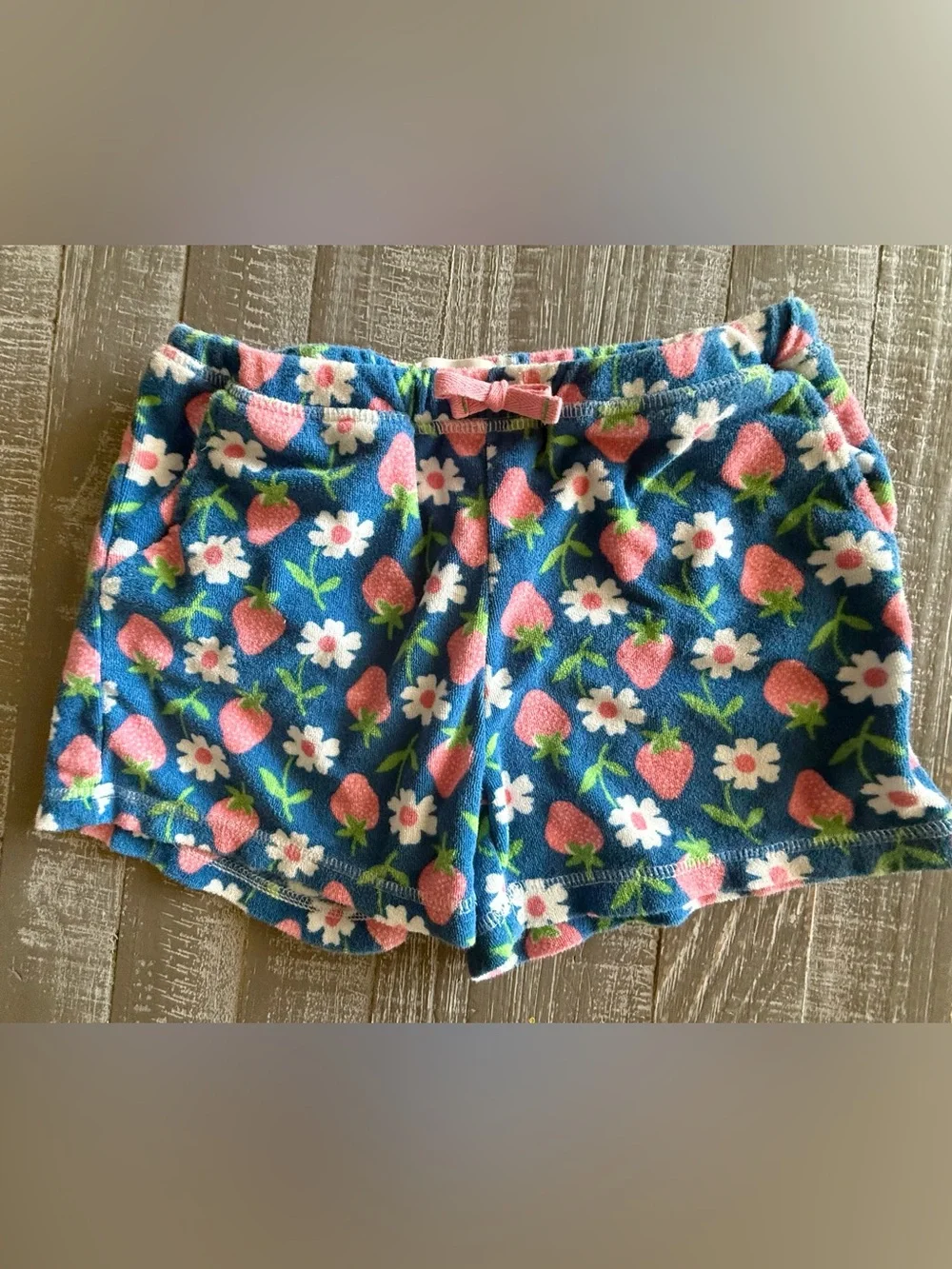 Mini Boden Blue Terrycloth Shorts with Pink Strawberries
